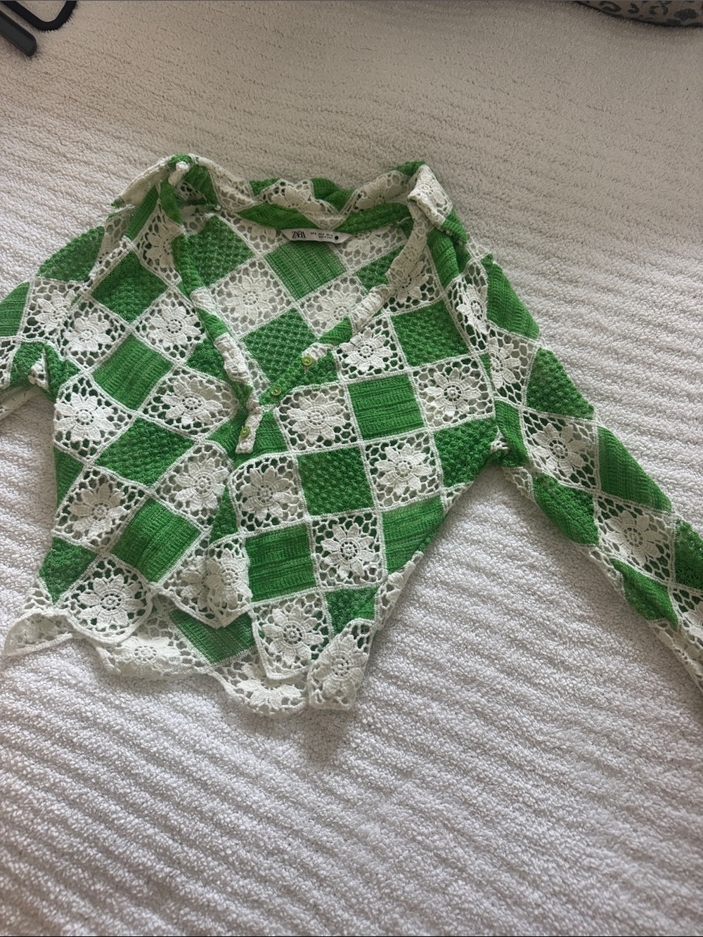 Zara Green and Cream Crochet Checker Knit Shirt